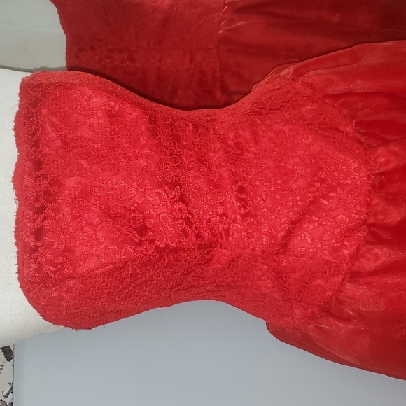 DAZZLING RED FIT N FLARE GOWN STRAPLESS LACE OVERLAY FULL ZIP BACK EMBROIDERED - Picture 6 of 16